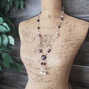 Long Dangle Statement Rock Stone Beaded Necklace w Matching Earring Studs Purple